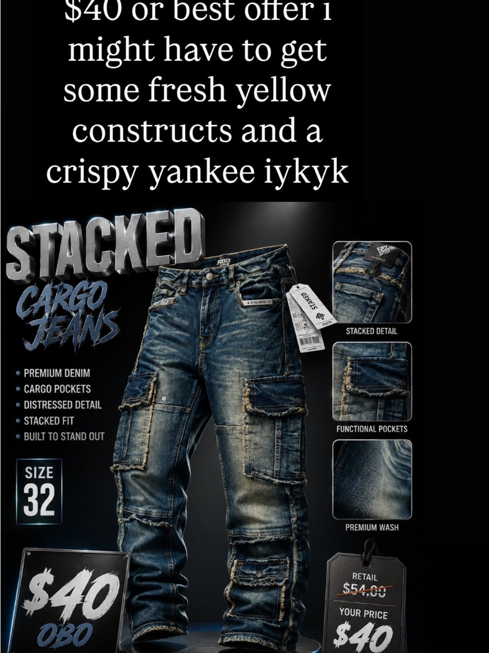 STACKED Cargo Jeans - Blue Distressed Denim